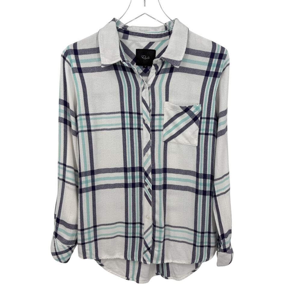 Rails Hunter White Navy Mint Plaid Button Down Shirt Size Small Flannel Soft